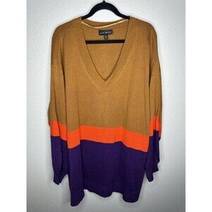 Lane Bryant Sweater Womens 26/28 Brown Orange Purple V Neck Colorblock Pullover